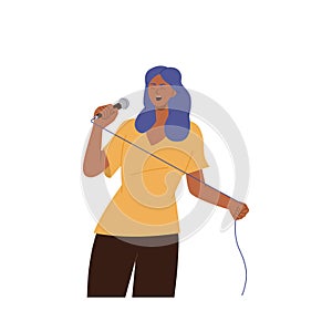 Expressive woman vocalist singing in microphone holding in hands vector illustration on white