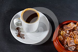 Expresso coffee with beans by German rock sugar Brauner Kandis i