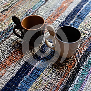 Expresso cups on colorful background. Coffee cups on handmade carpet