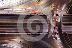 Expressway top view, Road traffic an important infrastructure, Drone aerial view fly in circle,