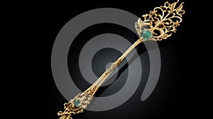 Exquisite 18 Karat Gold Serving Spoon With Green Stones