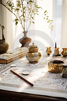 Exquisite Antique Calligraphy Table: Intricate Arabic Lettering and Delicate Brass Inkwells in Serene Studio