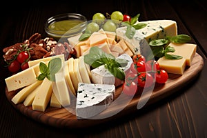 Exquisite Assortment of Gourmet Cheeses Beautifully Presented on a Stylish Dark Background