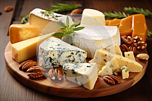 Exquisite Assortment of Gourmet Cheeses Beautifully Presented on a Stylish Wooden Background
