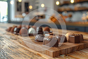 Exquisite Assortment of Gourmet Chocolates on Wooden Display Board in Artisan Cafe