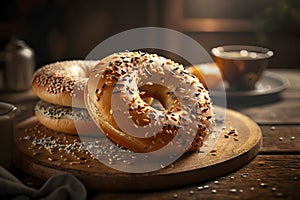 Exquisite bagels with colorful sprinkles and seeds, accompanied by a cup of coffee