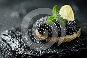 Exquisite black sturgeon caviar, crispy cracker, lemon, gourmet delicacy. Healthy food