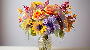 Exquisite Blooms: Vibrant Sunflowers, Orchids, and Roses in a Glass Vase