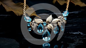 Exquisite Blue Topaz Necklace With Gold Leafs - Stunning Autumn Style