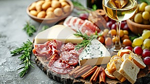 An exquisite board of starters with cold meats, cheeses, fruit and crackers Accompanied by a glass of wine. AI generative