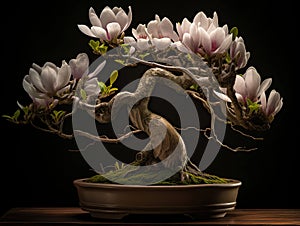 An exquisite bonsai magnolia tree, extremely detailed perfect flowers with plush waxy petals, growing in a kintsugi bowl, cut away