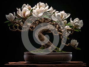 An exquisite bonsai magnolia tree, extremely detailed perfect flowers with plush waxy petals, growing in a kintsugi bowl, cut away