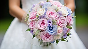 Exquisite bridal bouquet with an enchanting assortment of flowers elegantly held in hands