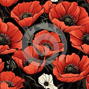 Exquisite and captivating top view seamless pattern showcasing the delicate blooming poppy flowers