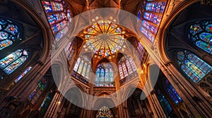 Exquisite cathedral detailed architecture and vibrant stained glass in wide angle view
