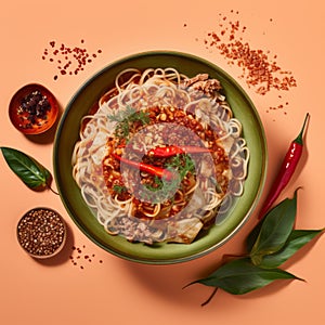 Exquisite Chicken Noodles With Sambal On Coral Background