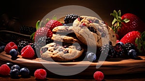 Exquisite Chocolate Chip Cookies Photography With Golden Crust And Fresh Berries