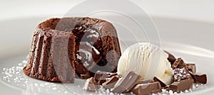 Exquisite chocolate lava cake with molten center and vanilla bean ice cream on minimalist background