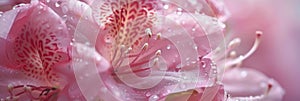 Exquisite close up of a pink rhododendron revealing velvety petals and delicate stamen