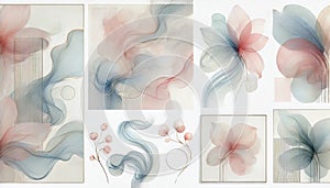 Elegant Abstract Watercolor Art - Delicate Floral Compositions in Soft Pastel Colors with Gentle Brushstrokes and Fluid Forms photo