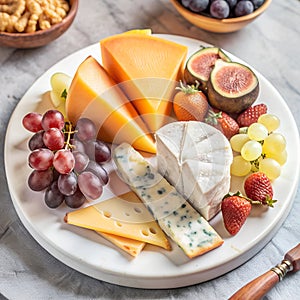 Exquisite combination: a delectable cheese platter with a selection of fruits.