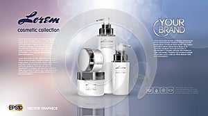 Exquisite cosmetic ads template, blank moisturizing lotions set cover mockup. Dazzling effect background. Cream, spray
