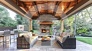 An Exquisite Covered Patio Boasts Luxurious Furniture and a Warm Fireplace, Illuminated by Skylights in a Wooden Ceiling