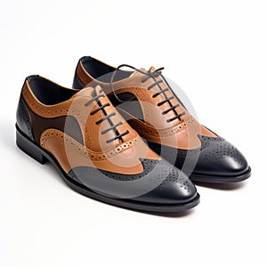 Exquisite Craftsmanship: Brown And Navy Wingtip Shoes On White Background