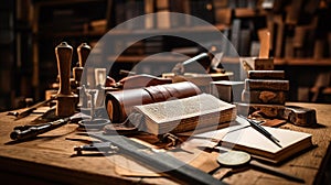 Exquisite Craftsmanship: Leather-bound Book and Antique Tools on Oak Worktable