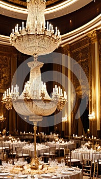 Exquisite Crystal Chandeliers Adorn and Illuminate the Grand Dining Hall with Elegance and Luxury