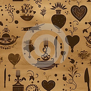 Exquisite Cutlery Silhouette Icons Pattern on Luxurious Dark Brown Background