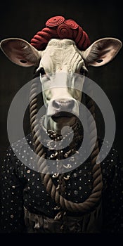 Exquisite Dark Surrealism: Analog Portrait Of A Cow In Braided Braids And Trachten