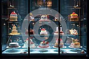 Exquisite desserts displayed in bakery windows