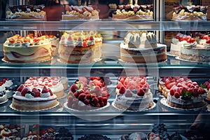 Exquisite desserts displayed in bakery windows