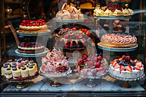 Exquisite desserts displayed in bakery windows