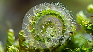 Exquisite detail of a moss spore capsule with a spiral shape and transparent ribbed walls revealing the tiny spores