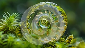 Exquisite detail of a moss spore capsule with a spiral shape and transparent ribbed walls revealing the tiny spores