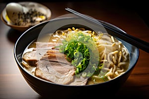 Exquisite detail of a rich miso ramen topped with marinated bamboo shoots, bean sprouts, and slices of juicy pork