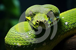 Exquisite detailed macro close up of a green snake coiled on a lush jungle tree branch