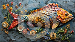 Exquisite dorado fish artwork with detailed scales and spices amid vibrant vegetables