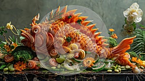 Exquisite dorado fish presentation with intricate scales, spices, and vegetables