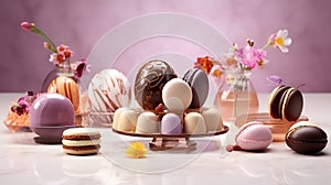 Exquisite Easter Themed Sweets: Chocolate Eggs, Macarons, Pink Flowers, and Delicate White Chocolate