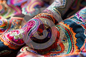 Exquisite embroidered textile showcasing vibrant colors and intricate patterns