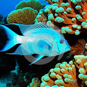 Exquisite fish swims in a coral garden. Generative AI