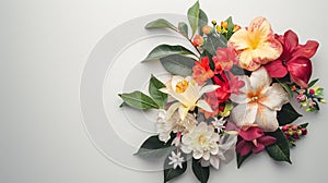 Exquisite floral arrangement featuring a variety of colorful tropical flowers and lush green leaves on a clean white background