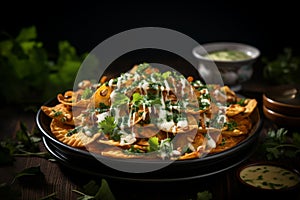 Exquisite food photography close up of delectable cheese nachos with gourmet presentation