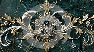 Exquisite Gold and Turquoise Floral Design on Marble