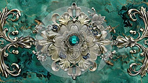 Exquisite Gold and Turquoise Floral Design on Marble