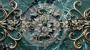 Exquisite Gold and Turquoise Floral Design on Marble