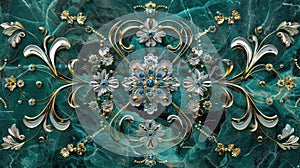 Exquisite Gold and Turquoise Floral Design on Marble